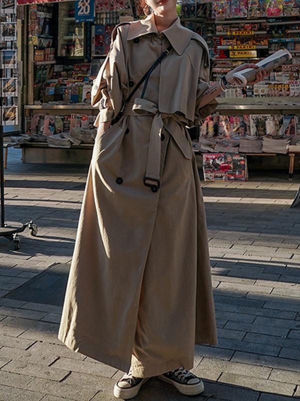 Long Sleeves Loose Buckle Buttoned Split-Back Tied Waist Lapel Outerwear Trench Coats Product Image