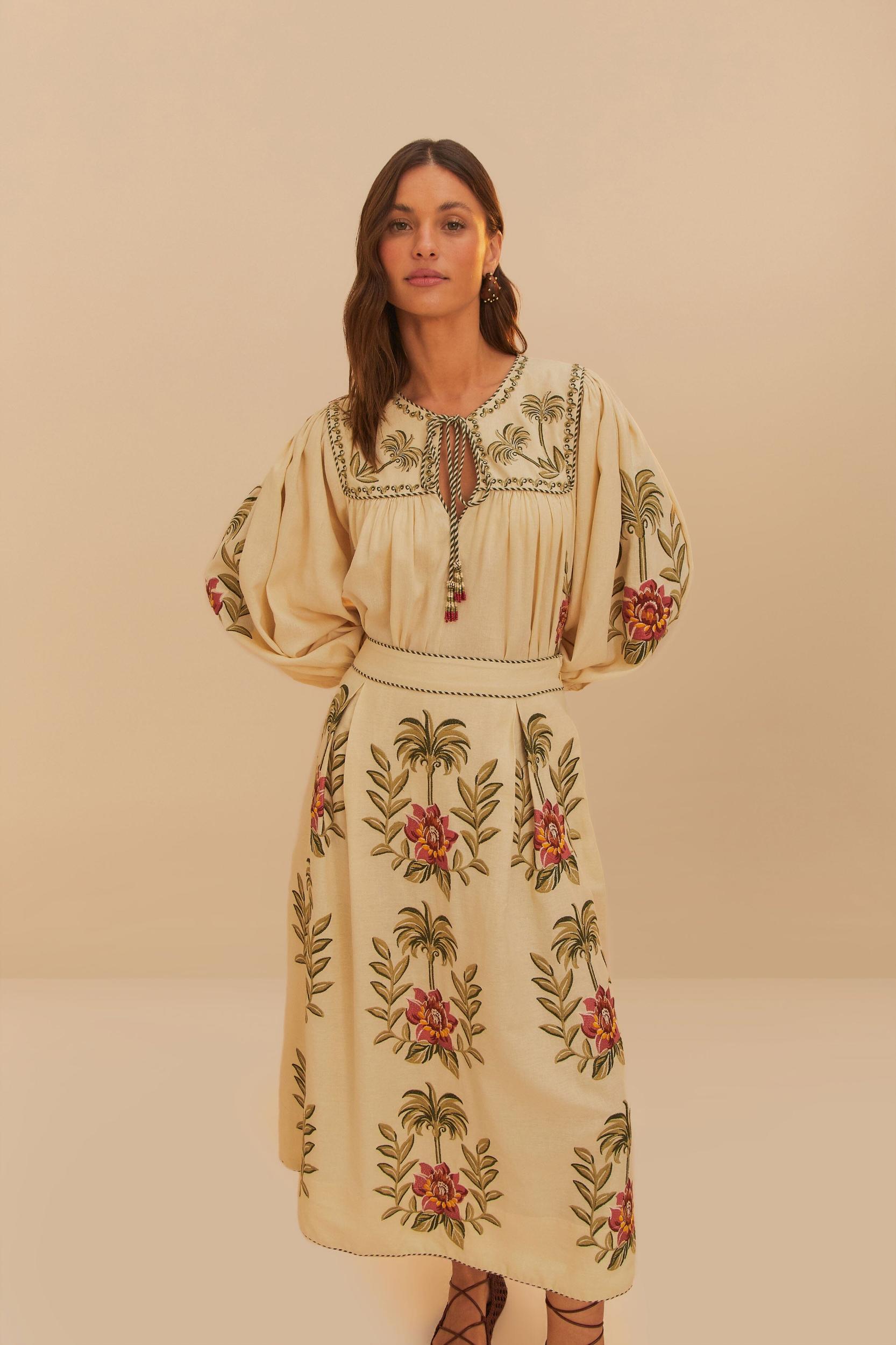 Sand Tropical Flower Embroidered LENZING™ ECOVERO™ Euroflax™ Maxi Skirt Product Image