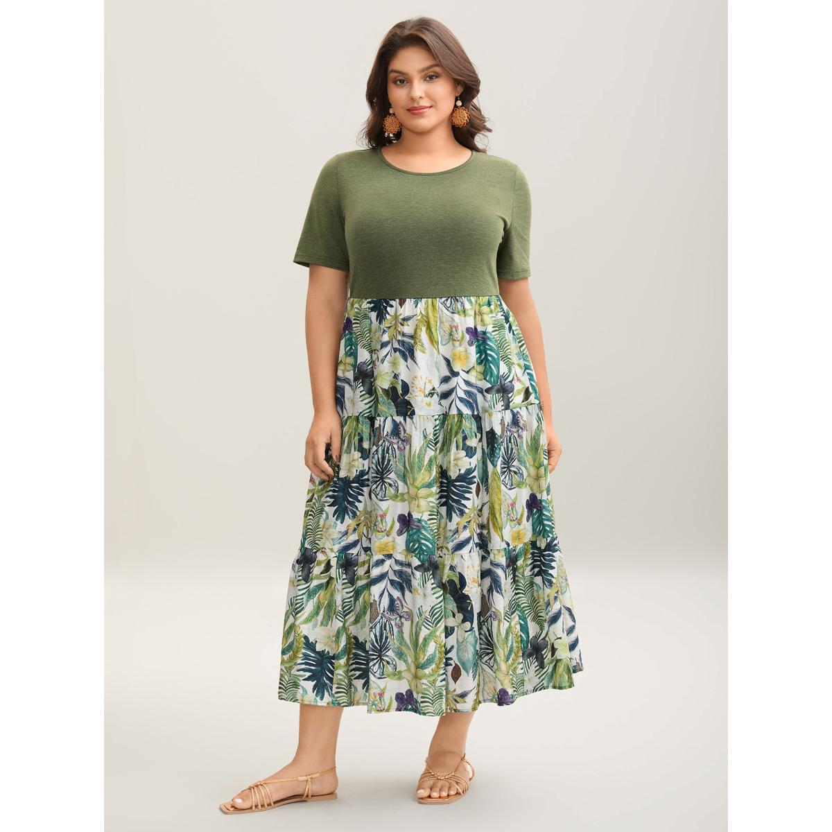Plus Size Tropical Floral Print Spliced Maxi Dress Moss Women Round Neck Short sleeve Curvy BloomChic 14-16/1X Product Image