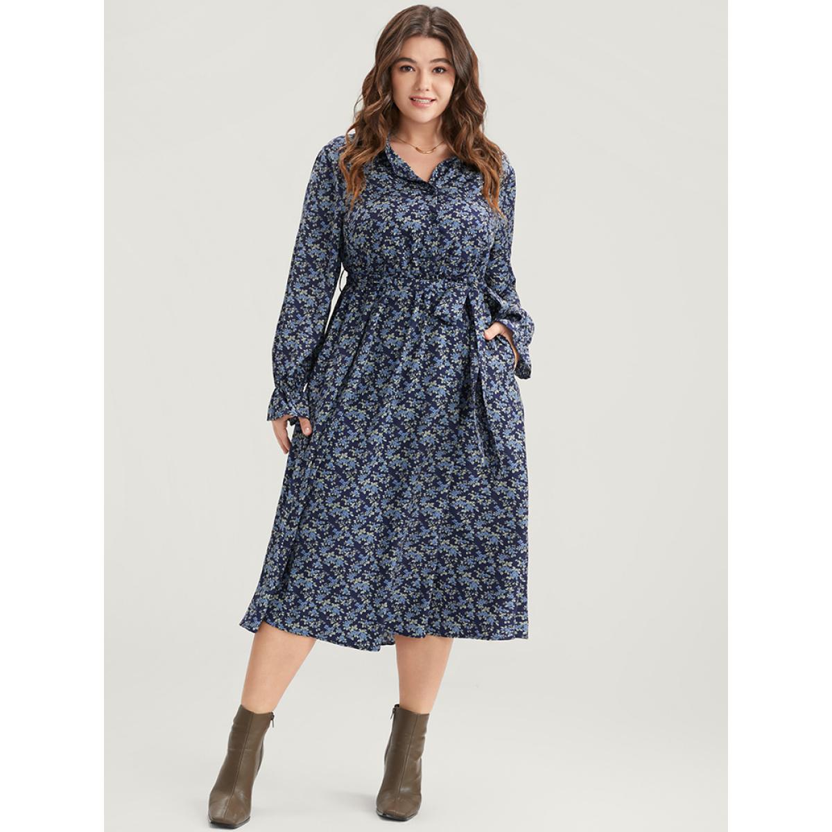 Plus Size Ditsy Floral Pocket Belted Shirt Collar Dress Indigo Women Elegant Elastic Waist Shirt collar Long Sleeve Curvy Midi Dress BloomChic 30/6X Product Image