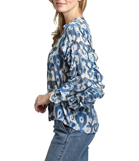 APNY Printed Split V-Neck Ruffle Sleeve Top Product Image