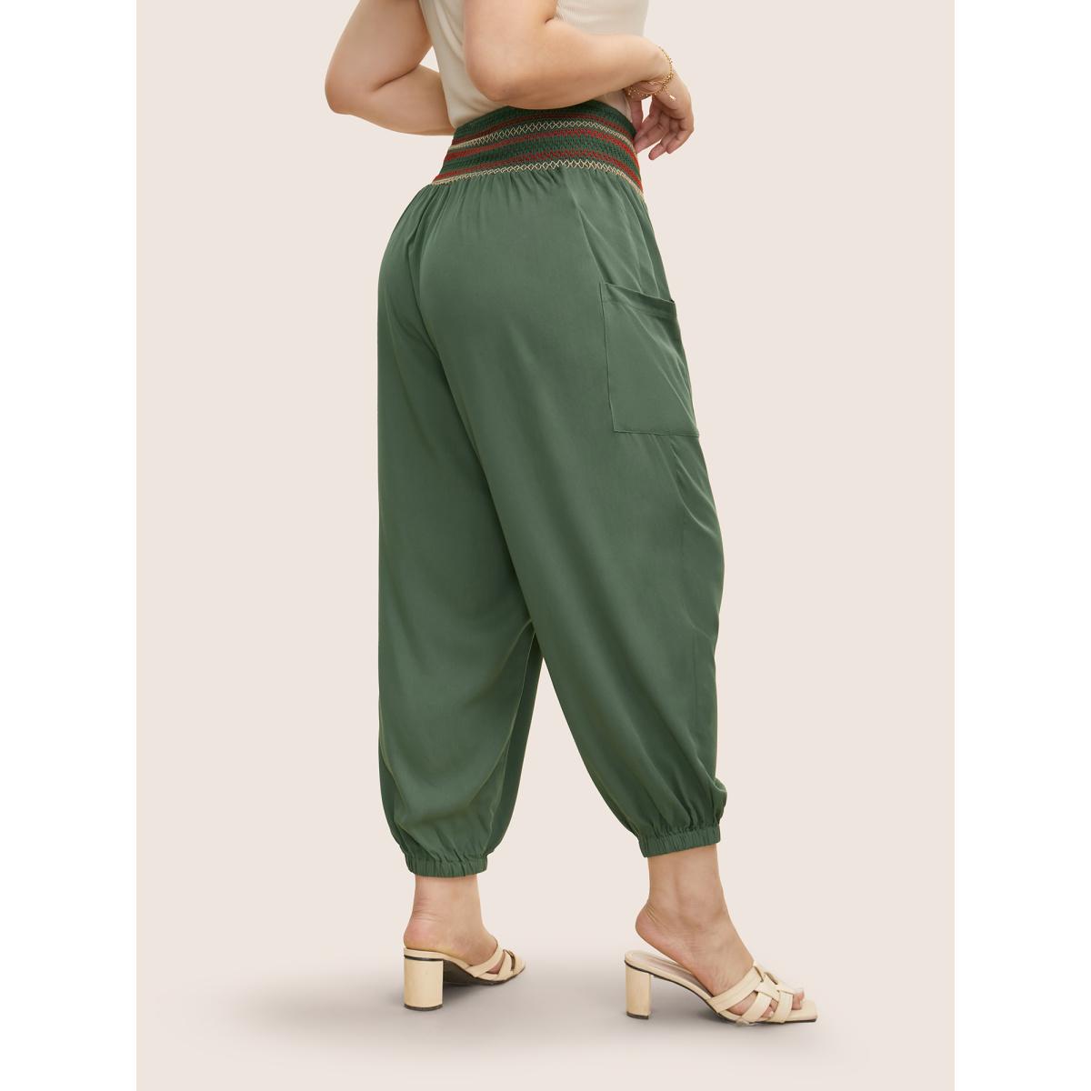 Plus Size Mid Rise Shirred Tapered Leg Pants Women ArmyGreen Resort Mid Rise Vacation Pants BloomChic 12/L Product Image
