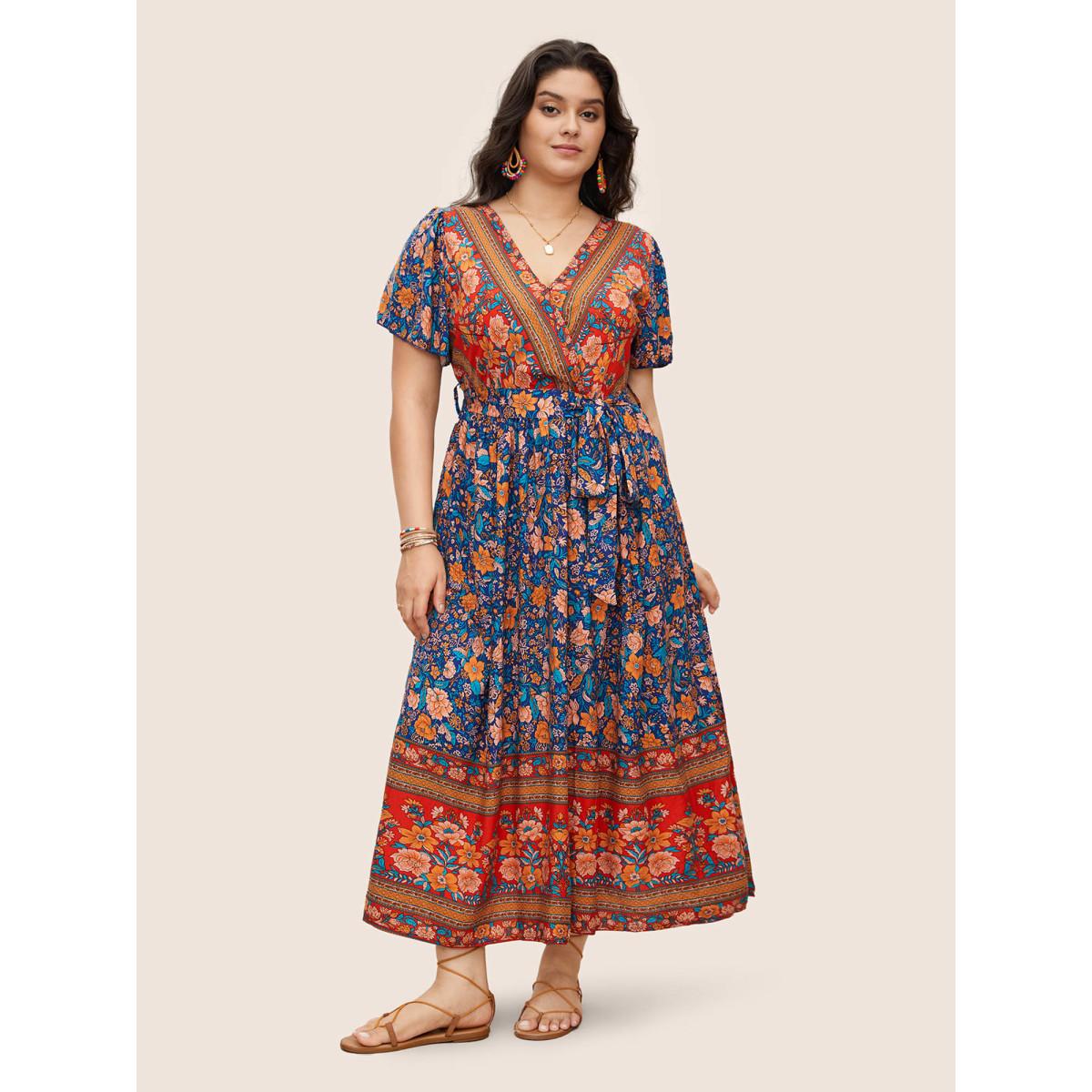 Plus Size Bandana Surplice Neck Pocket Belted Flutter Hem Maxi Dress DarkBlue Women Boho Non V-neck Short sleeve Curvy Long Dress BloomChic 14-16/1X Product Image