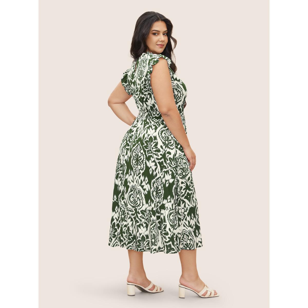 Plus Size Boho Print Mock Neck Shirred Ruffle Cap Sleeve Dress Moss Women Resort Shirred Mock Neck Cap Sleeve Curvy Midi Dress BloomChic 26/4X Product Image