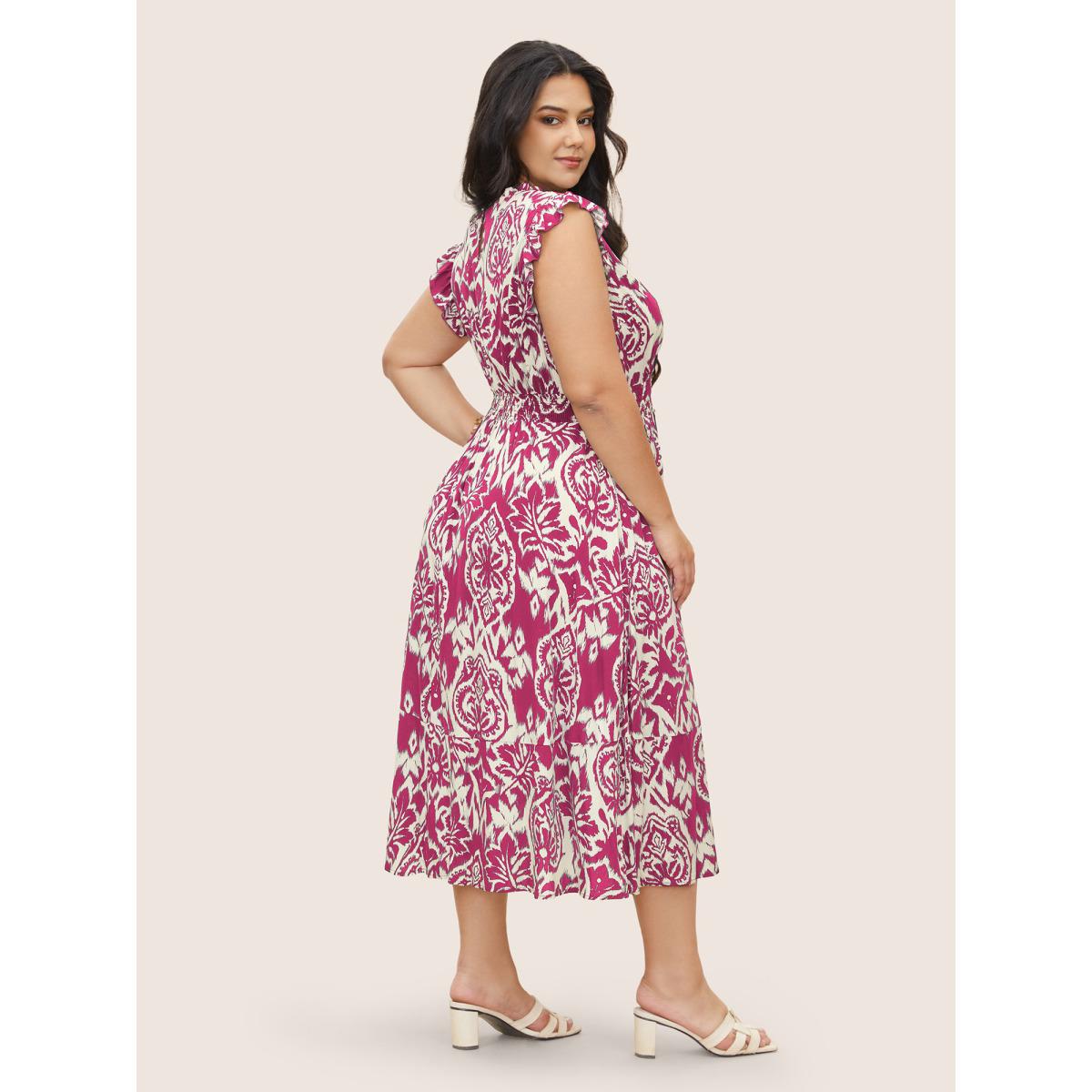 Plus Size Boho Print Mock Neck Shirred Ruffle Cap Sleeve Dress Rosered Women Resort Shirred Mock Neck Cap Sleeve Curvy Midi Dress BloomChic 30/6X Product Image