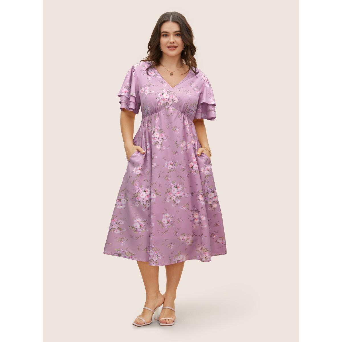 Plus Size Floral Elastic Waist Tiered Ruffle Sleeve Dress Lilac Women Elegant Tiered V-neck Short sleeve Curvy BloomChic 26/4X Product Image