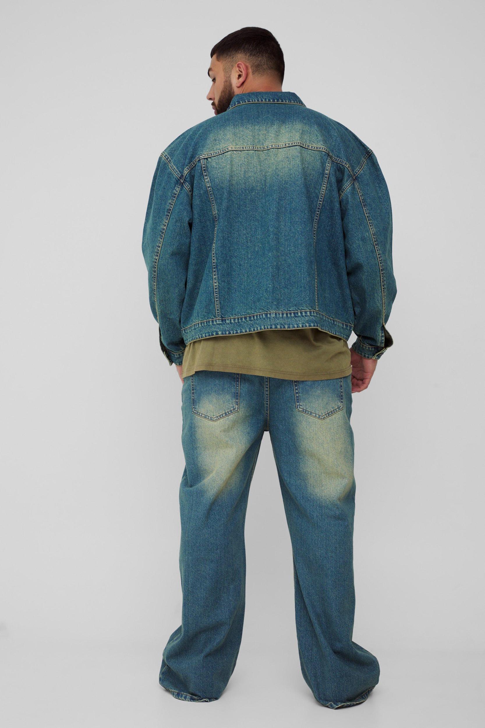 Plus Tinted Ripped Boxy Oversized Jean Jacket | boohooMAN USA Product Image
