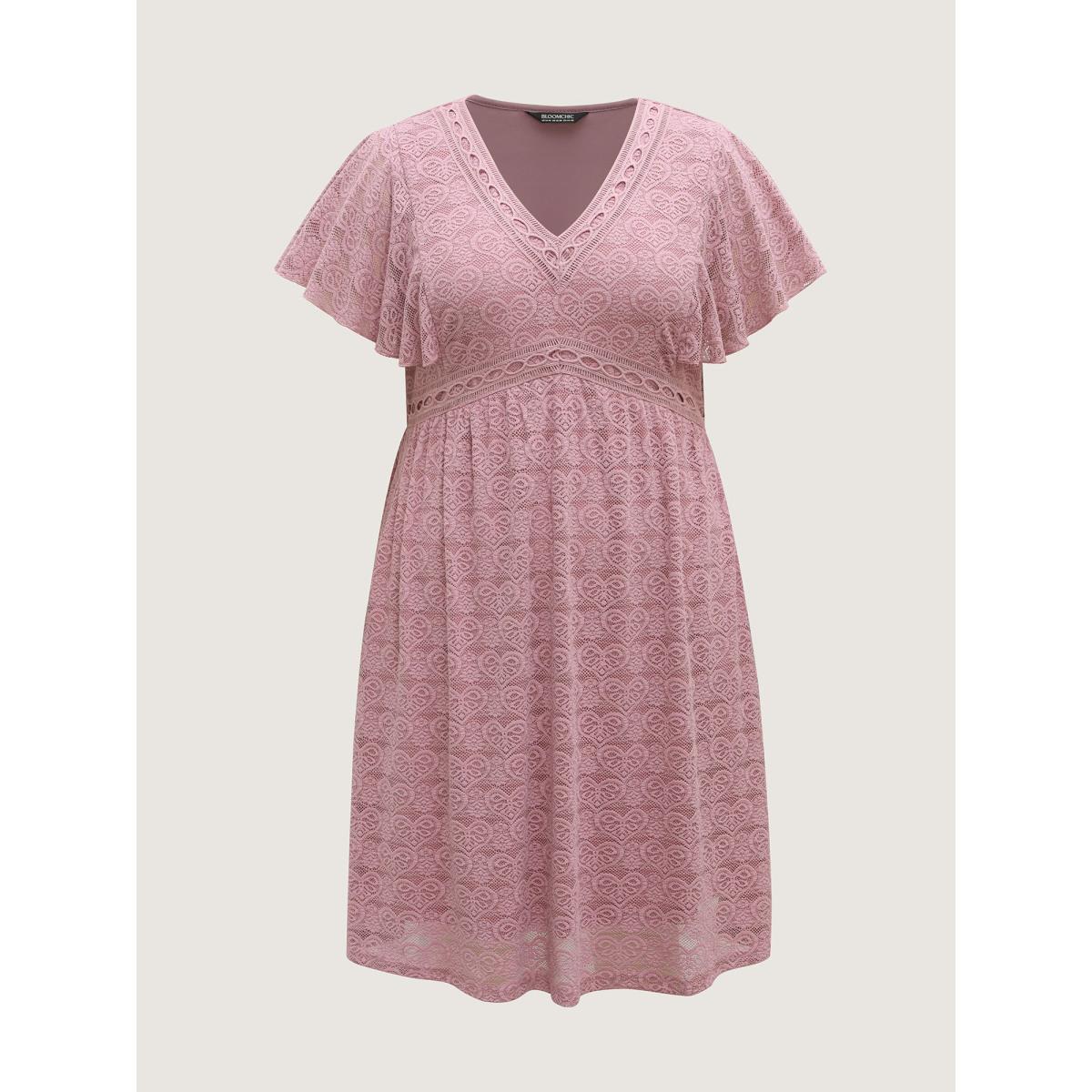 Plus Size Lace Elegance Ruffled Stretchy-Waist Midi Dress Rouge Women V-neck Cap Sleeve Curvy BloomChic 28/5X Product Image