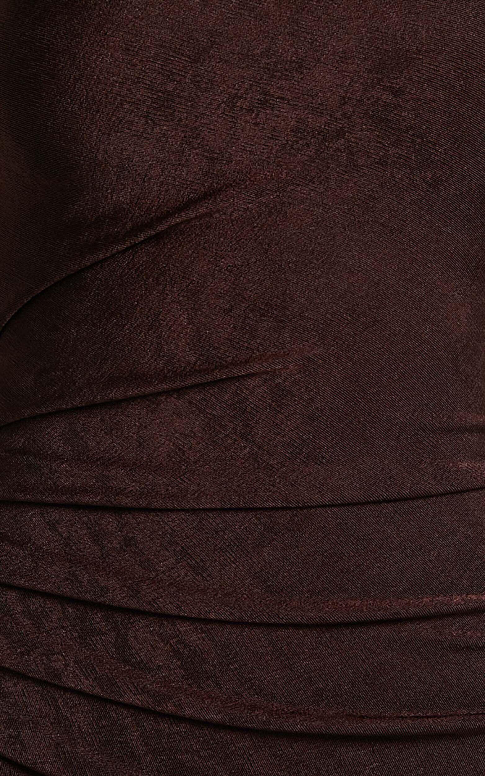 Arietty Midi Dress - One Shoulder Asymmetrical Ruched Dress in Chocolate Product Image