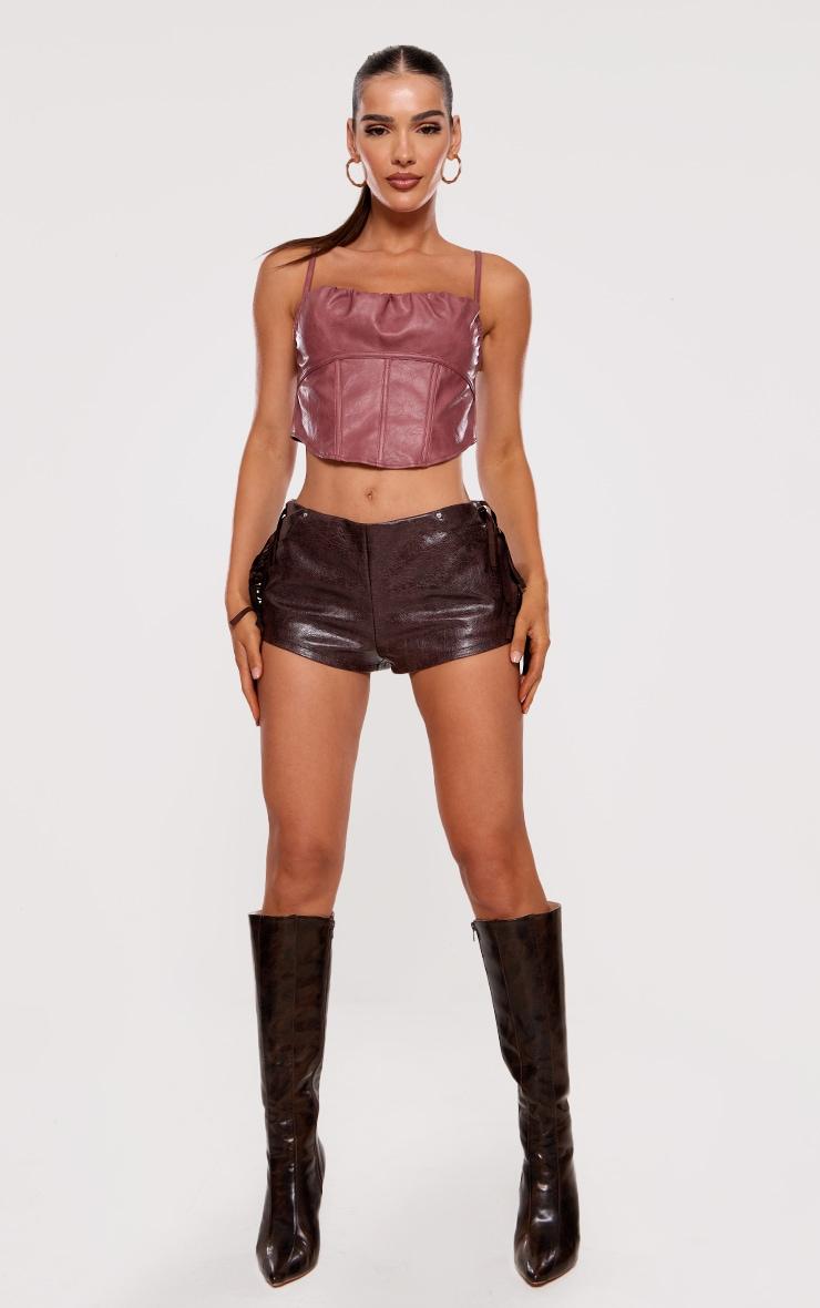 Mauve Faux Leather Ruched Bust Boned Dip Hem Corset Product Image
