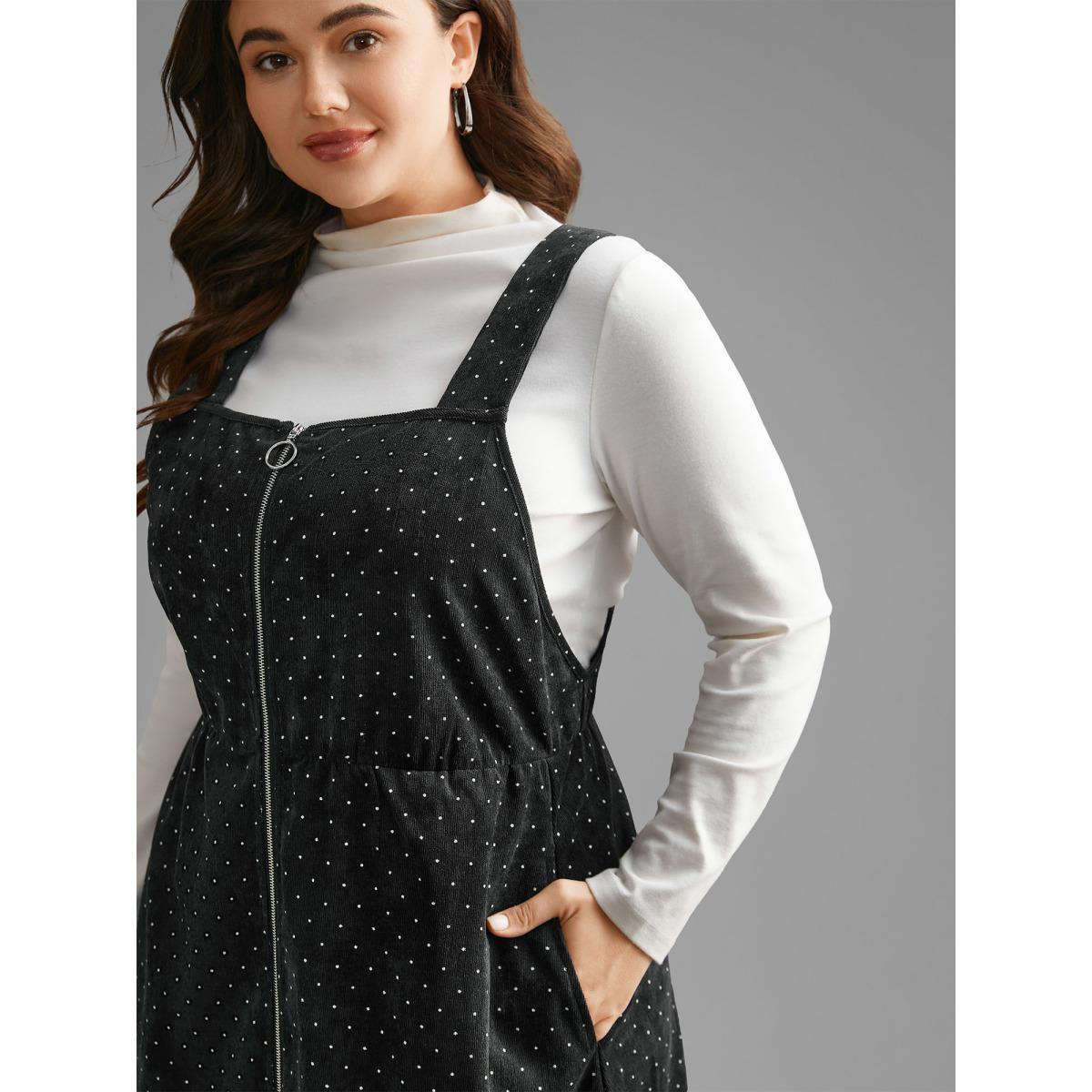 Plus Size Ditsy Floral Corduroy Pocket Zipper Fly Cami Dress BlackFlower Women Casual Printed Square Neck Sleeveless Curvy Knee Dress BloomChic 30/6X Product Image