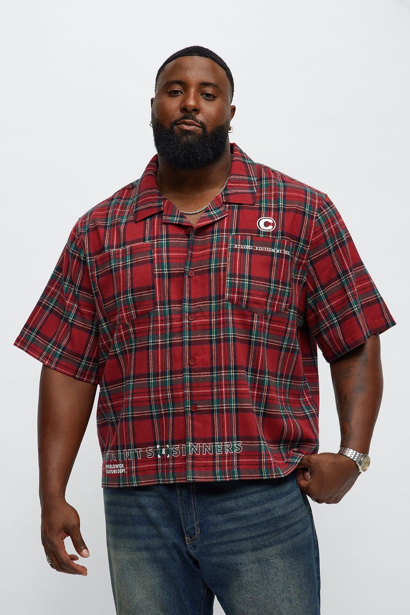Culture Plaid Cropped Button Up Shirt - Red Male Product Image