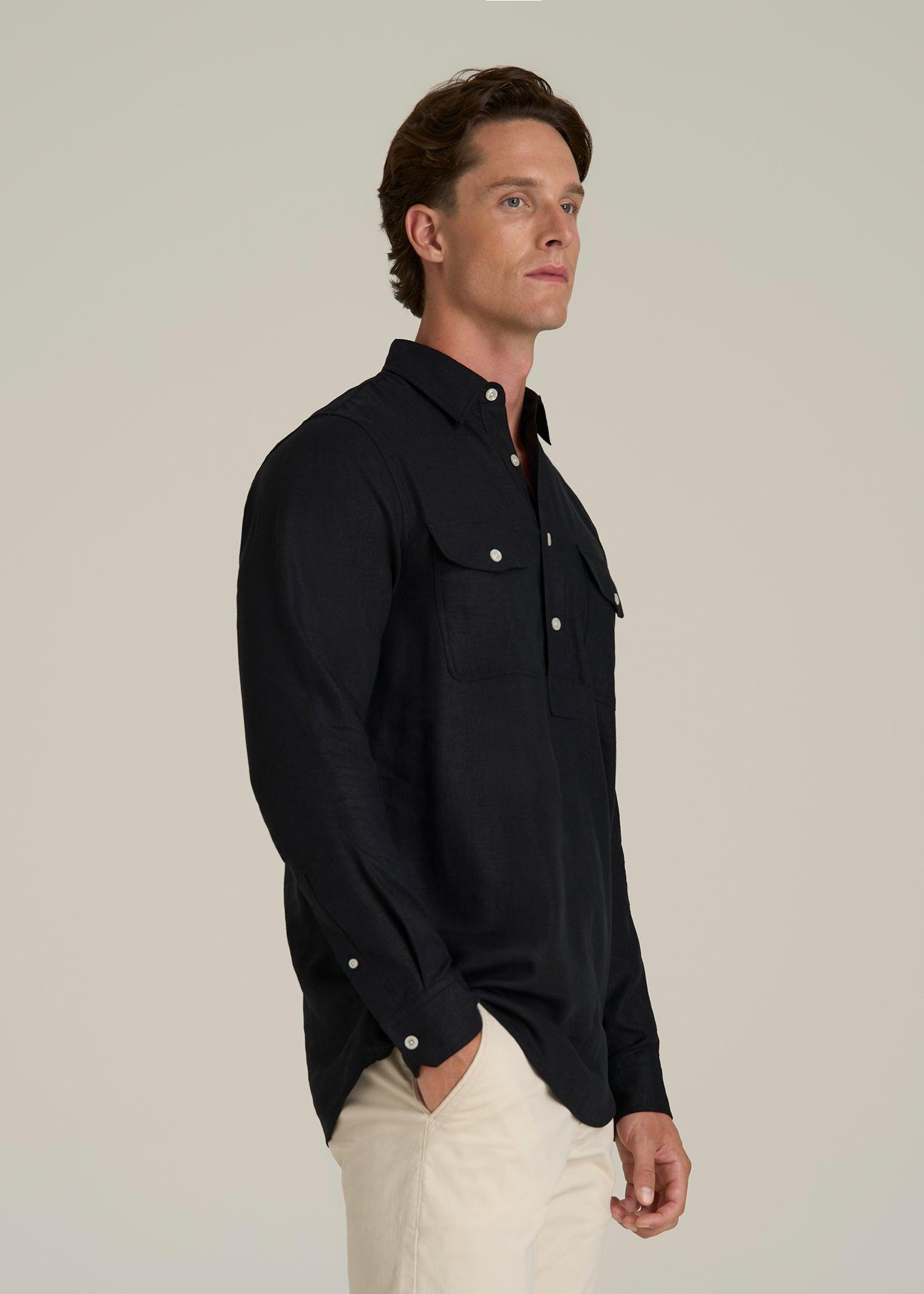 Linen Popover Shirt for Tall Men in Black Male Product Image