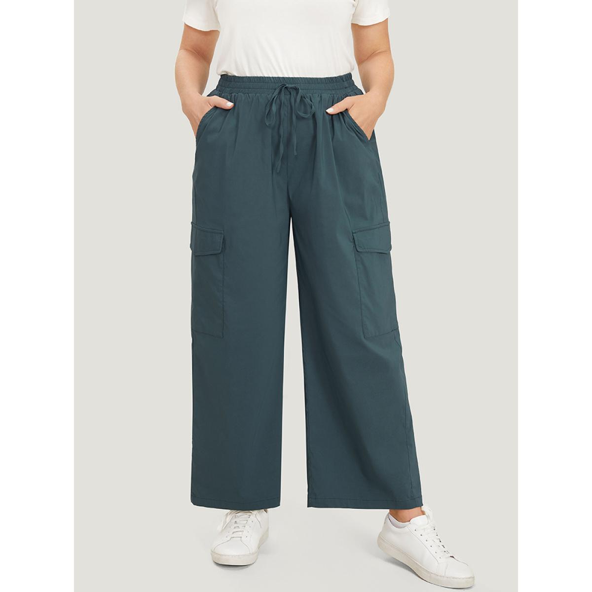 Plus Size Plain Drawstring Patched Pocket High Rise Pants Women DarkGreen Casual Straight Leg High Rise Dailywear Pants BloomChic 14-16/1X Product Image