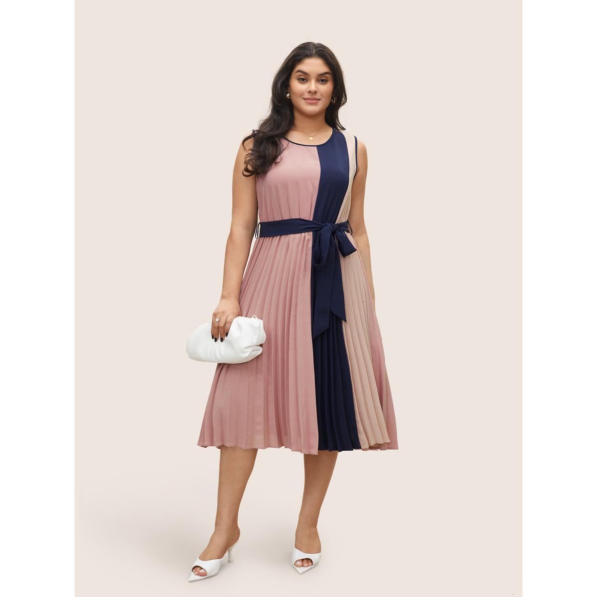 Plus Size Colorblock Contrast Pleated Belted Sleeveless Dress Multicolor Women At the Office Belted Round Neck Sleeveless Curvy Midi Dress BloomChic 10/M Product Image
