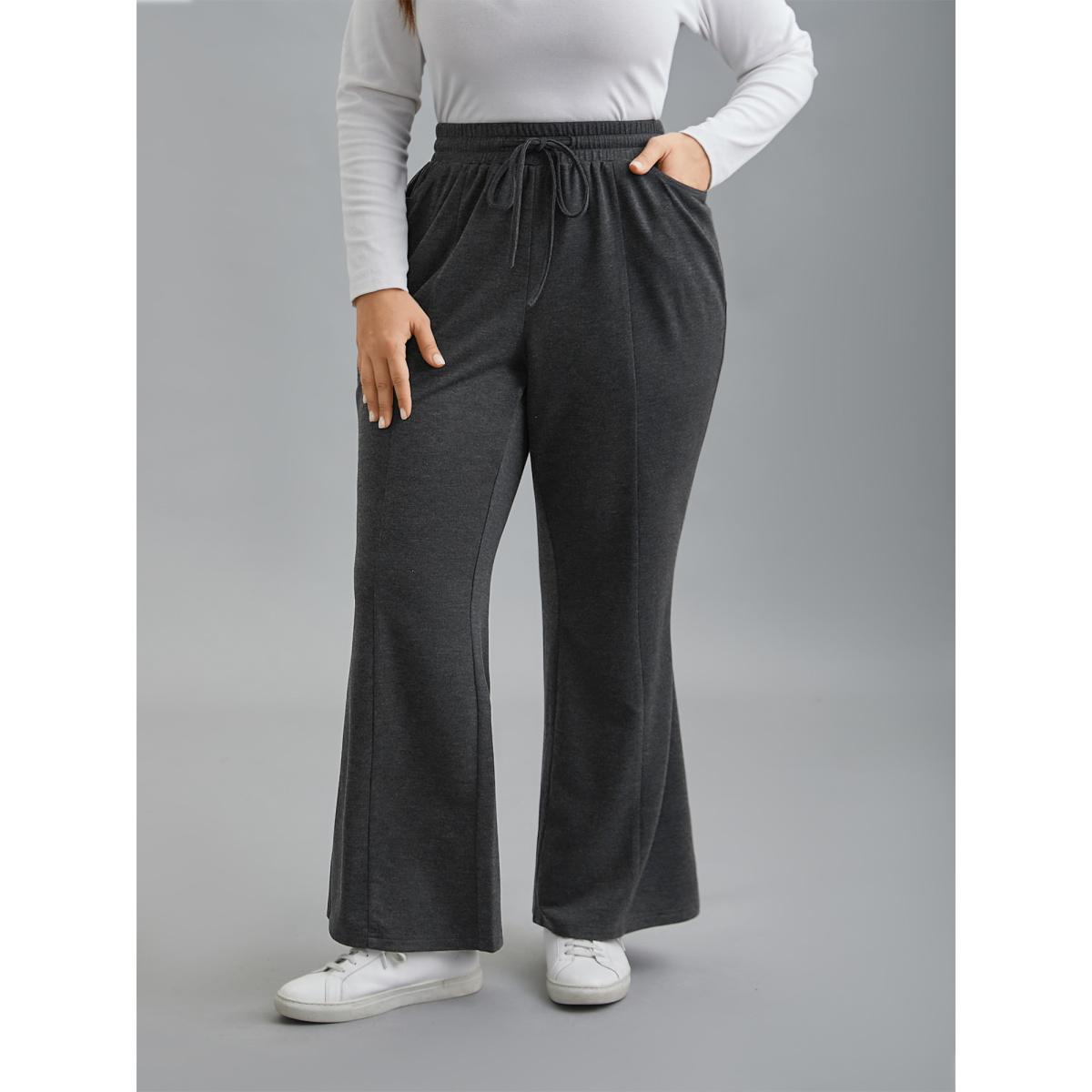 Plus Size Plain Drawstring Elastic Waist Bootcut Pants Women DimGray Casual Bootcut Mid Rise Everyday Pants BloomChic 12/L Product Image