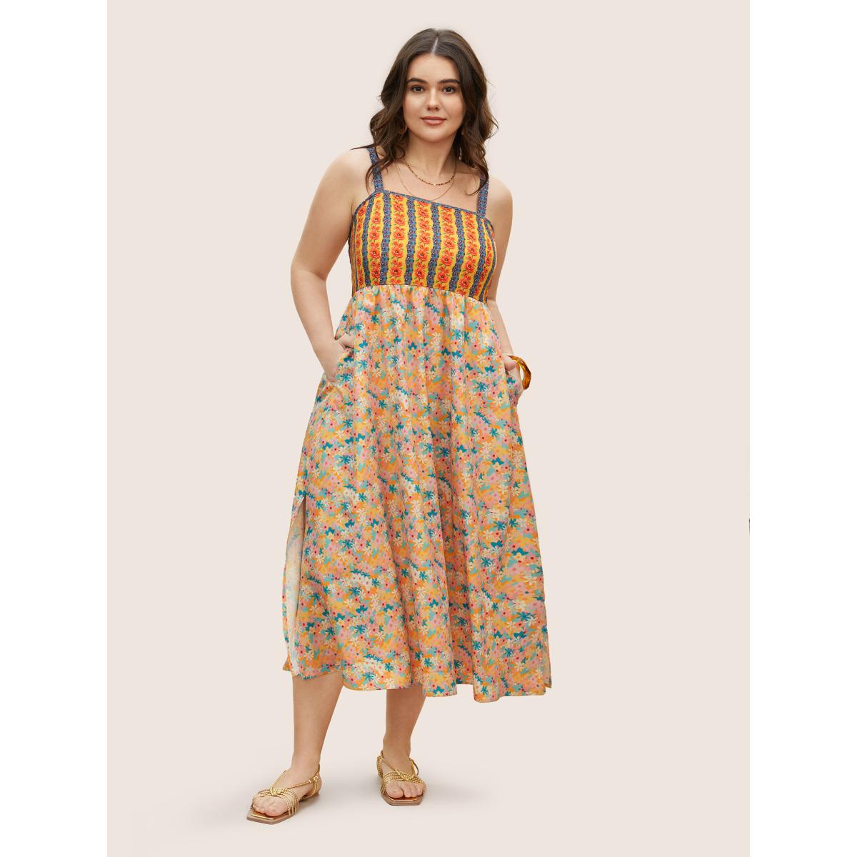 Plus Size Boho Print Elastic Waist Split Hem Dress Lightorange Women Resort Patchwork Non Sleeveless Curvy BloomChic 10/M Product Image