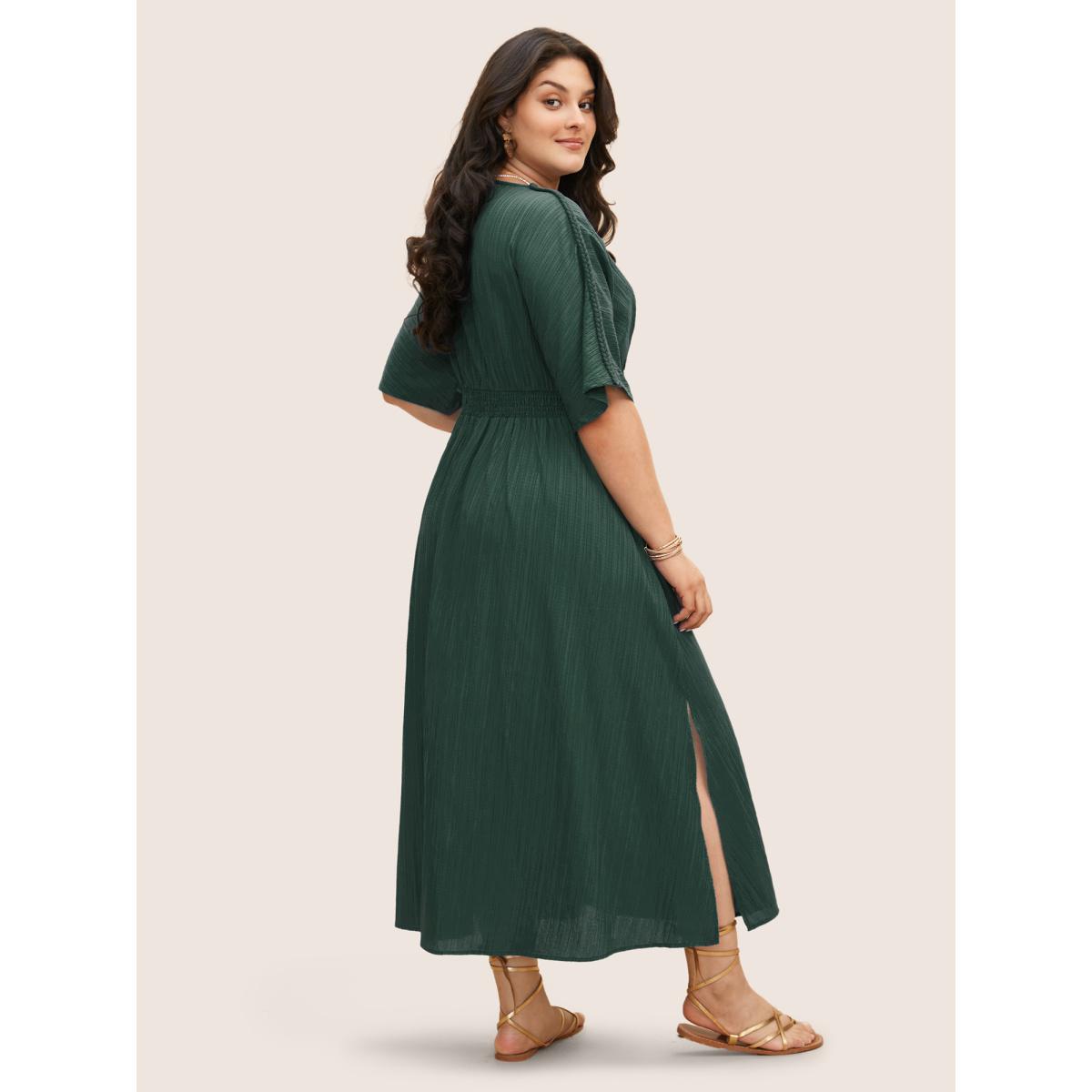 Plus Size V Neck Shirred Contrast Webbing Split Side Dress DarkGreen Women Boho Texture V-neck Half Sleeve Curvy BloomChic 12/L Product Image
