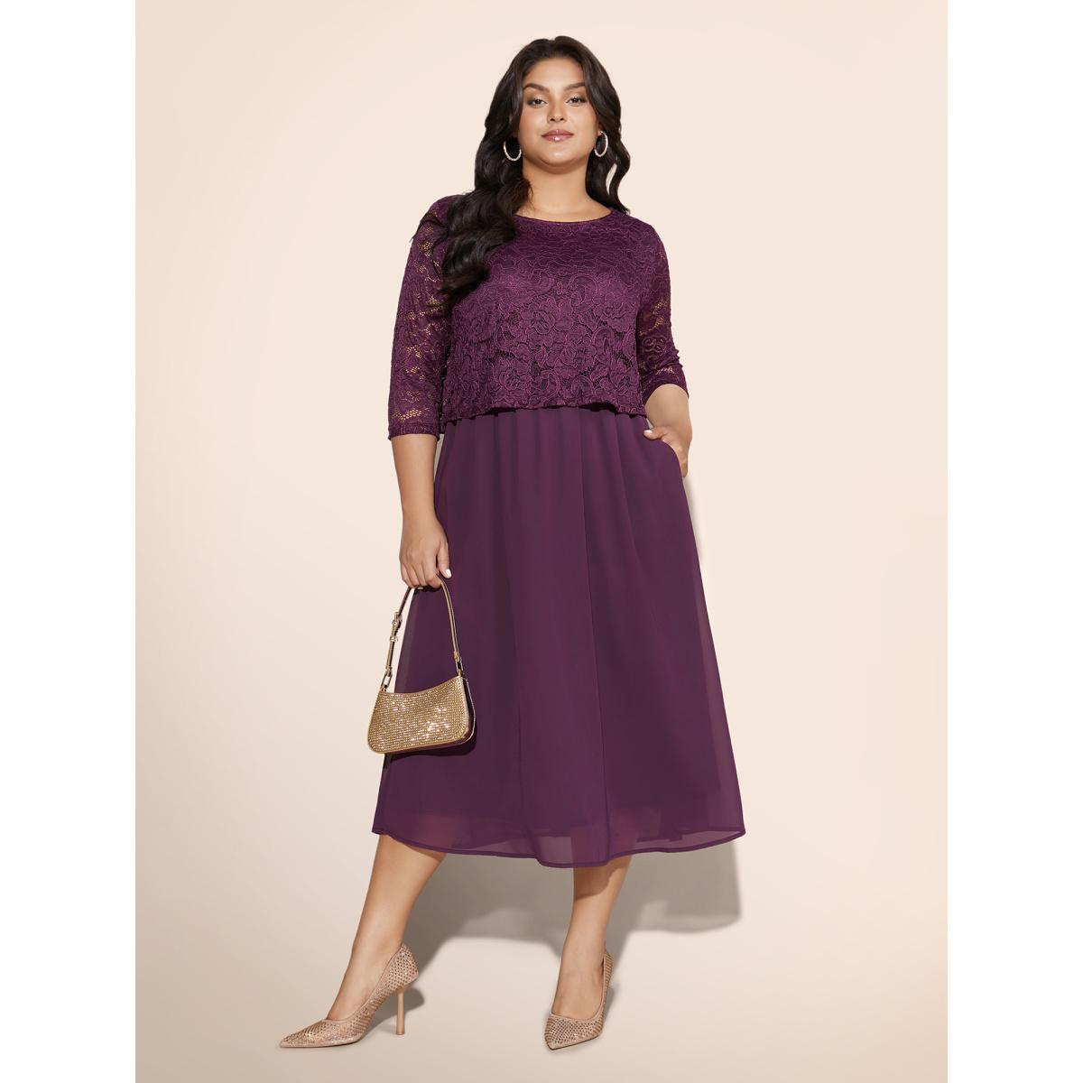 Plus Size Round Neck Crochet Lace Mesh Dress Deeppurplered Women Cocktail Woven ribbon&lace trim Round Neck Elbow-length sleeve Curvy BloomChic 26/4X Product Image