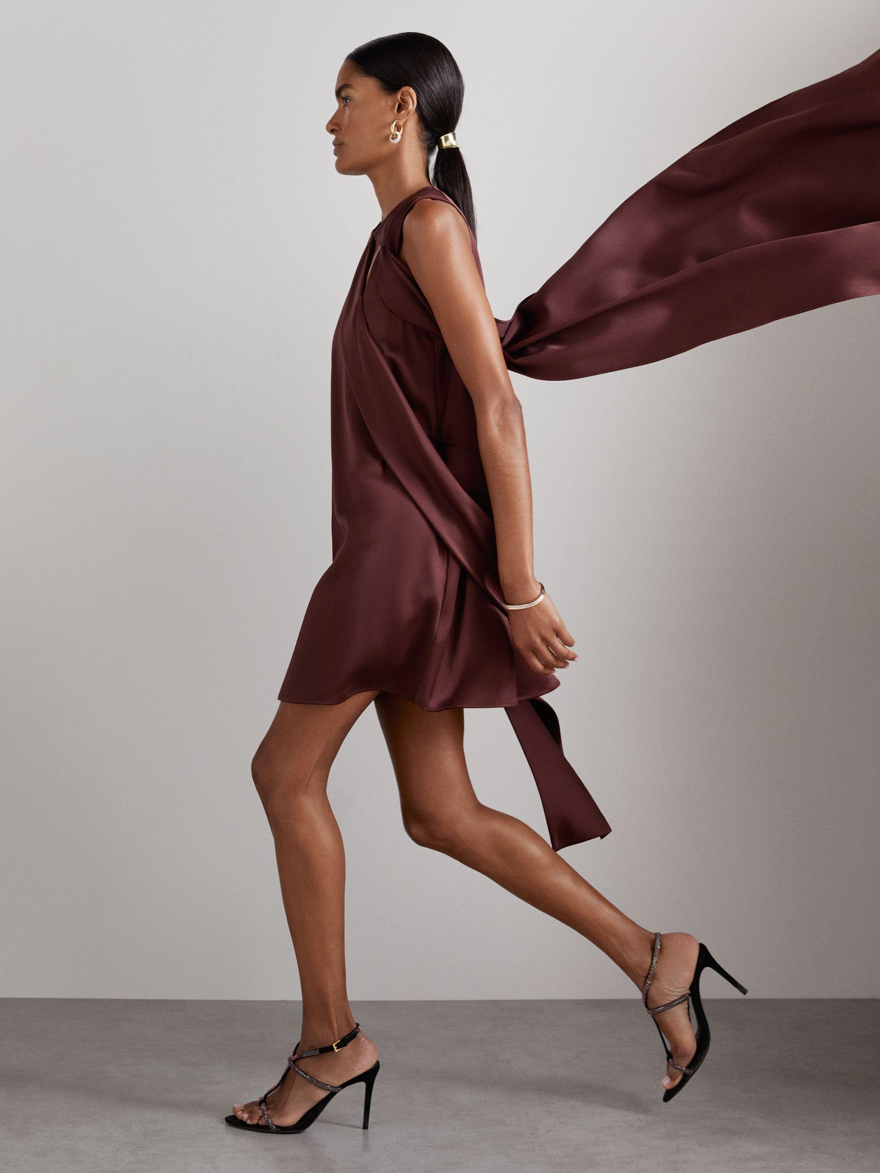 Atelier Satin Draped-Sash Mini Dress in Burgundy Product Image