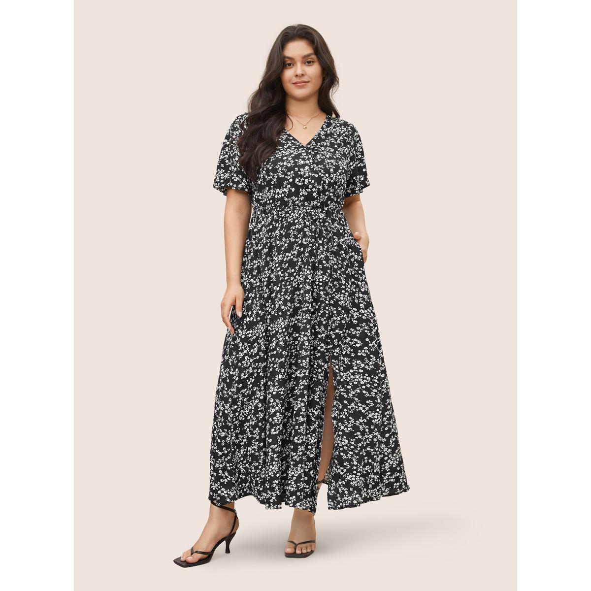 Plus Size Bloom Dress - Flutter Sleeve Ditsy Floral Pocket Split Maxi Dress LightGreen Women Romantic Slit V-neck Half Sleeve Curvy Long Dress BloomChic 10/M Product Image