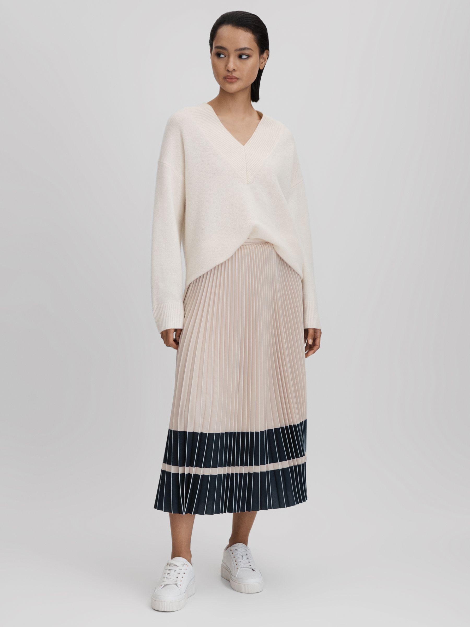 High Rise Pleated Midi Skirt in Nude/Navy Product Image