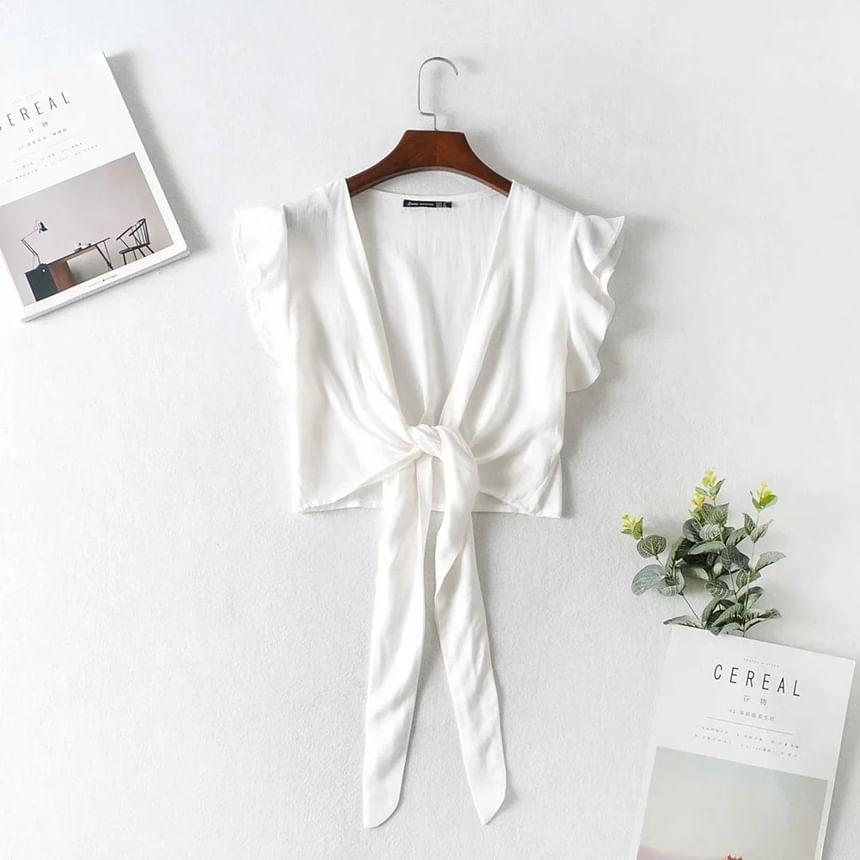 Sleeveless V-Neck Plain Ruffle Tie Front Crop Top Product Image