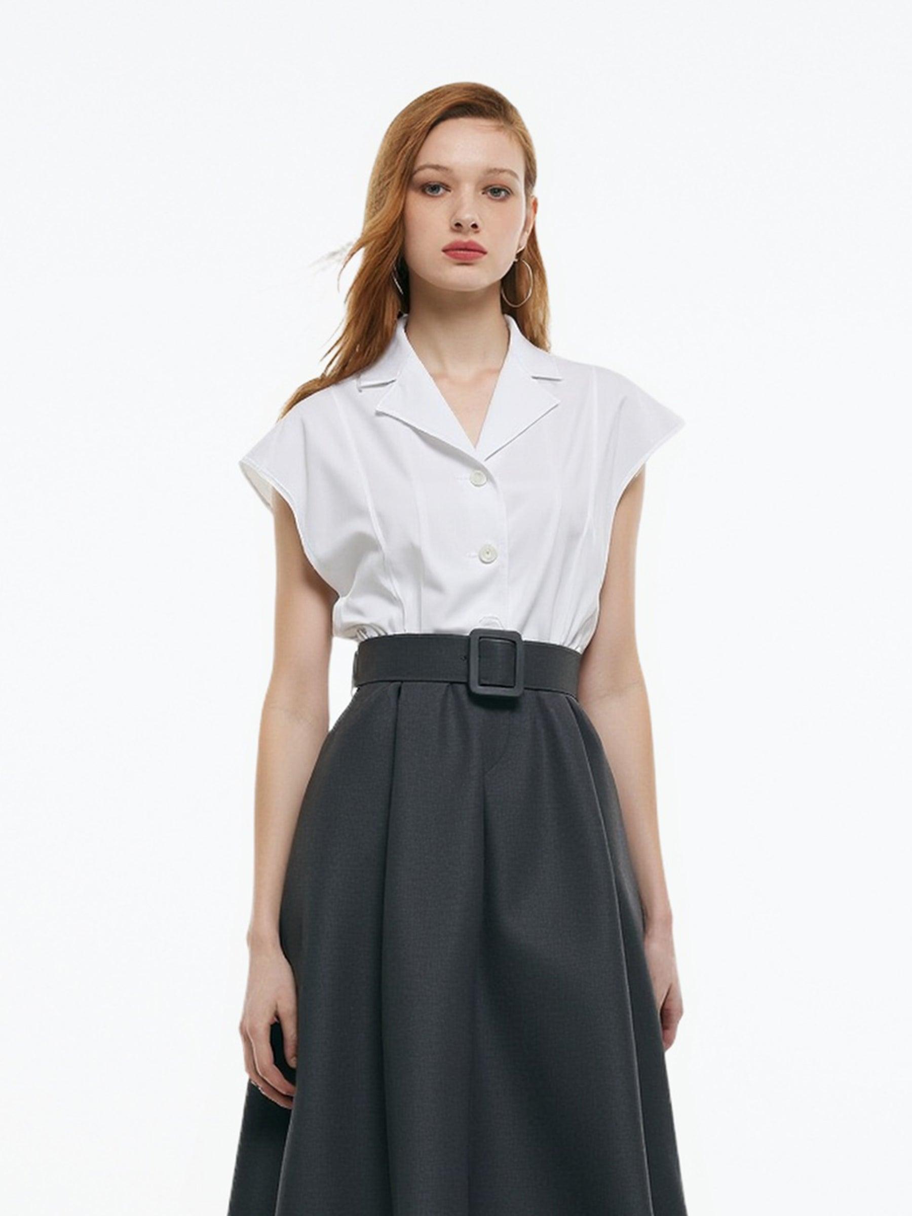 Faux Two-Piece Women Midi Shirt Dress With Belt Product Image