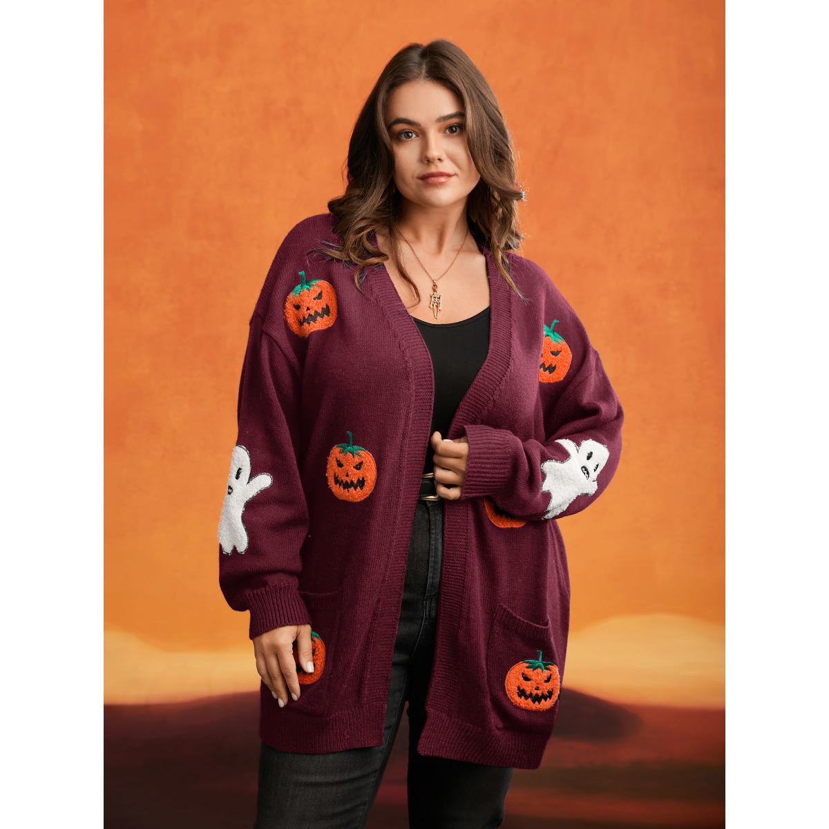Plus Size Pumpkin Ghost Embroidery Open Cardigan Indigo Women Playful Loose Long Sleeve Casual Cardigans BloomChic 26/4X Product Image