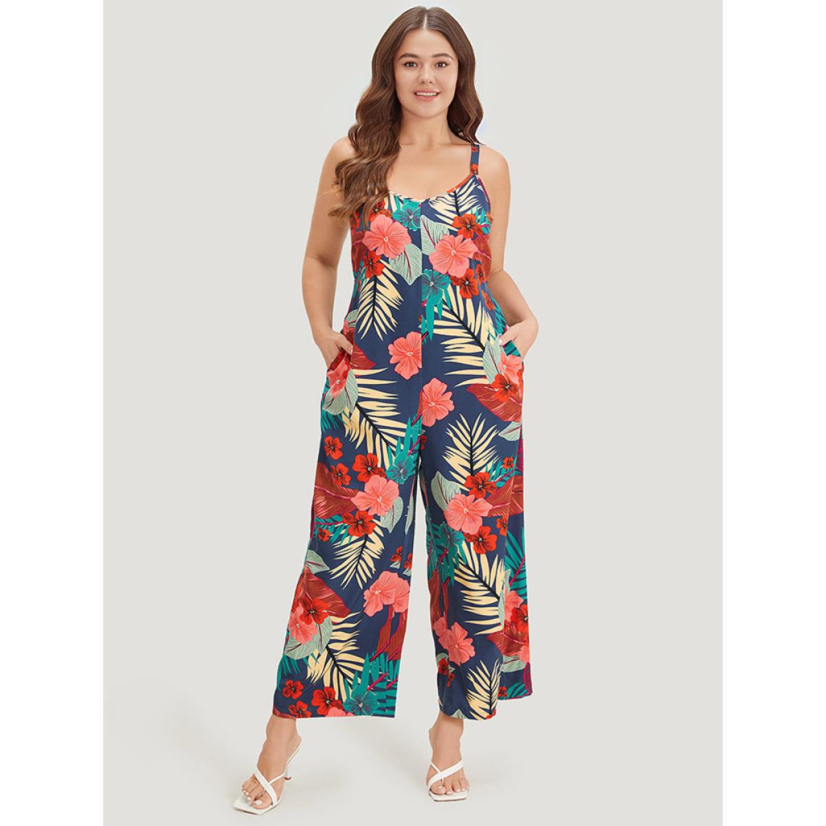 Plus Size Indigo Floral Print Pocket Cami Jumpsuit Women Elegant Sleeveless Spaghetti Strap Dailywear Loose Jumpsuits BloomChic 22-24/3X Product Image