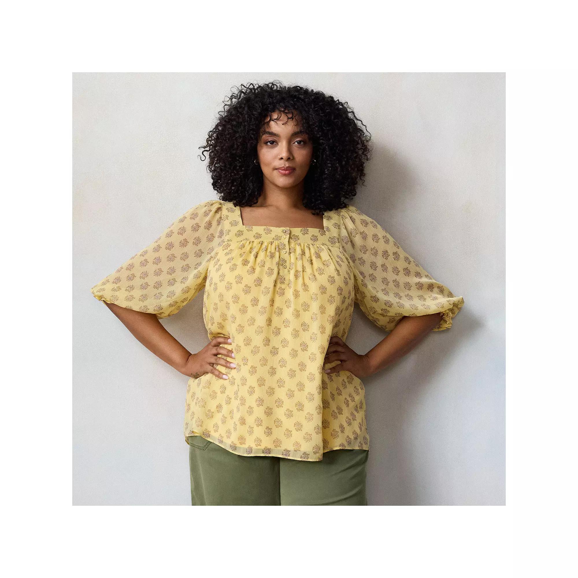 Plus Size LC Lauren Conrad Henley Square Neck Peasant Top, Women's, Size: 0X, Golden Ana Flora Product Image