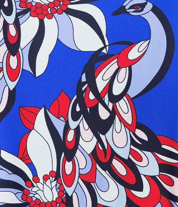 Jude Connally Libby Twirling Peacock Print Jude Cloth Stretch Knit V-Neck Short Puff Sleeve A-Line Tiered Midi Dress Product Image