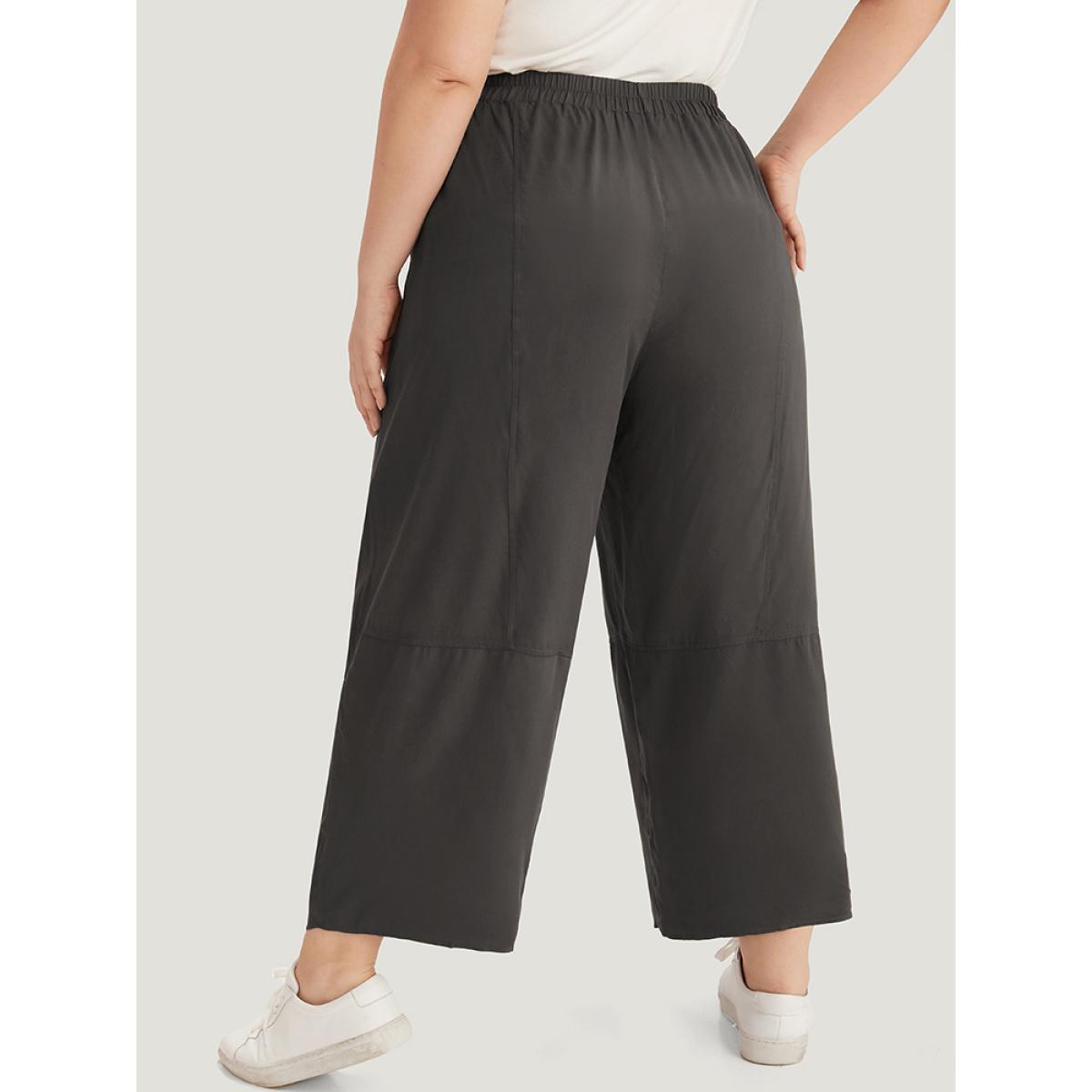 Plus Size Plain Elastic Waist Ties Pocket Pants Women DarkBrown Casual Straight Leg High Rise Dailywear Pants BloomChic 28/5X Product Image