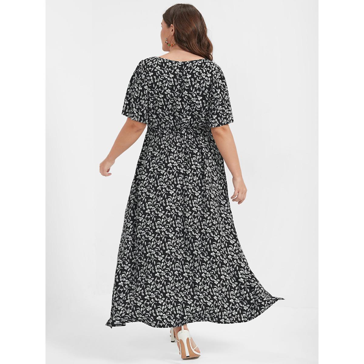 Plus Size Ditsy Floral Button Lace Pocket Split Ruffles Maxi Dress Black Women Elegant Printed V-neck Short sleeve Curvy Long Dress BloomChic 12/L Product Image