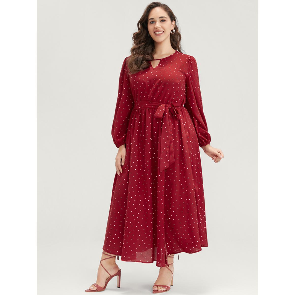 Plus Size Polka Dot Keyhole Round Neck Pocket Belted Ruffle Dress Scarlet Women Elegant Belted Round Neck Long Sleeve Curvy Long Dress BloomChic 14-16/1X Product Image