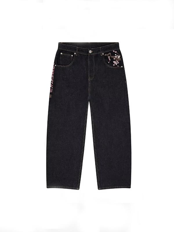 American Vintage Plum Flower Embroidery Boyfriend Jeans Product Image