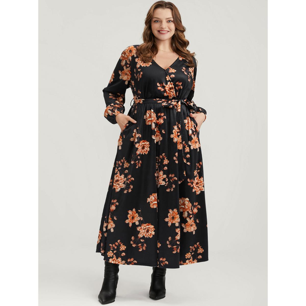 Plus Size Floral Lantern Sleeve Belted Surplice Neck Velvet Maxi Dress Black Women Elegant Cross straps V-neck Long Sleeve Curvy Long Dress BloomChic 14-16/1X Product Image