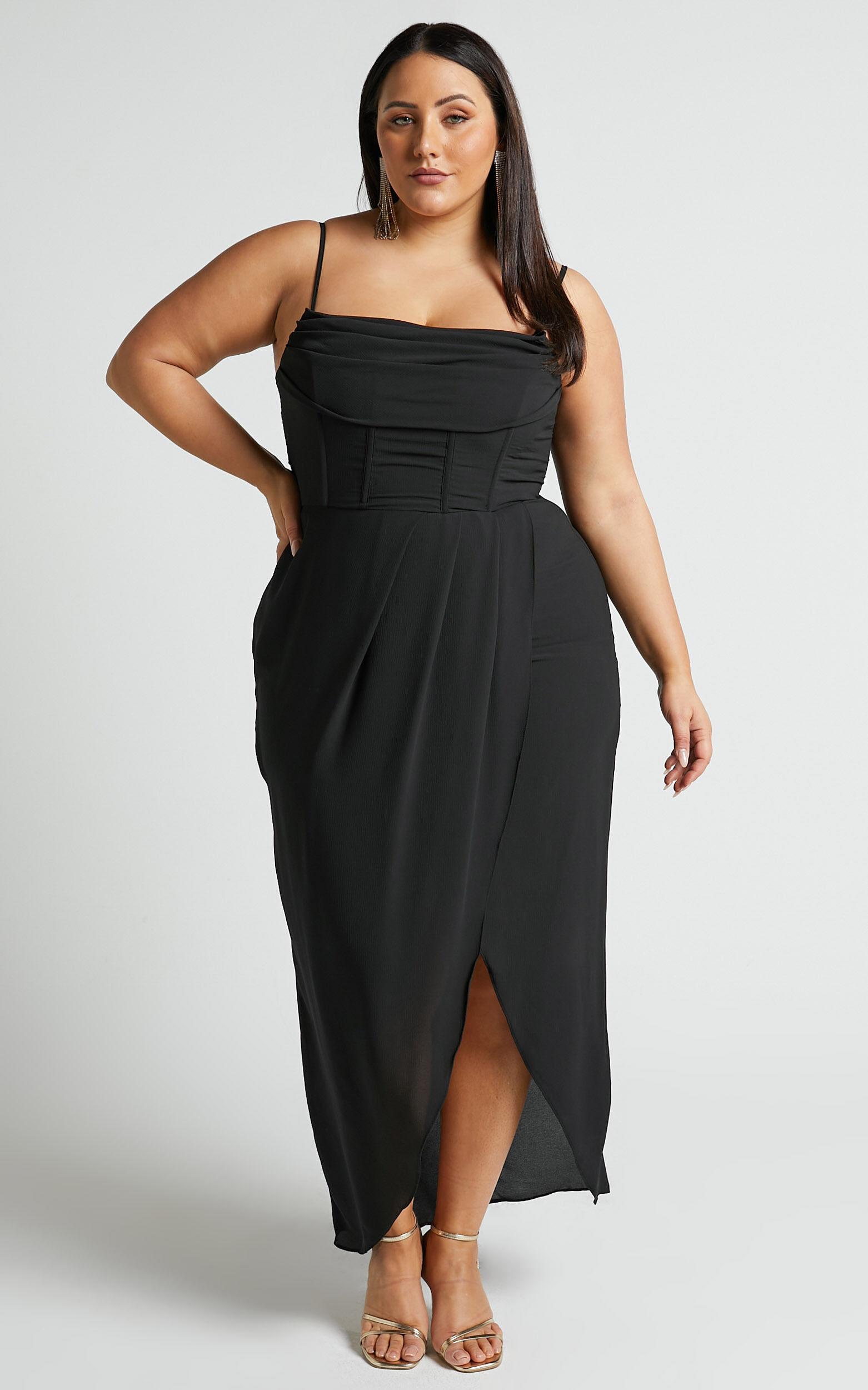 Andrina Midi Dress - High Low Wrap Corset Dress in Black Product Image