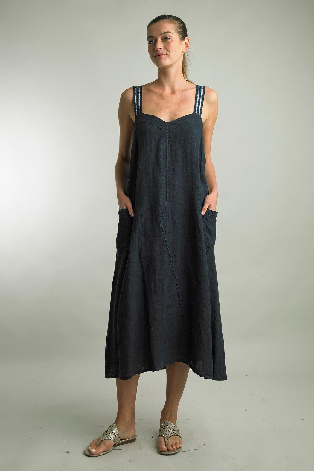 Navy Linen Strap Dress Product Image