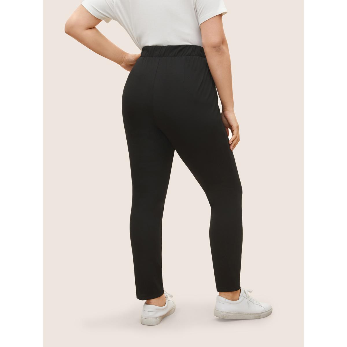 Plus Size Plain Elastic Waist High Rise Slim Pants Women Black Office High Rise Office Pants BloomChic 30/6X Product Image