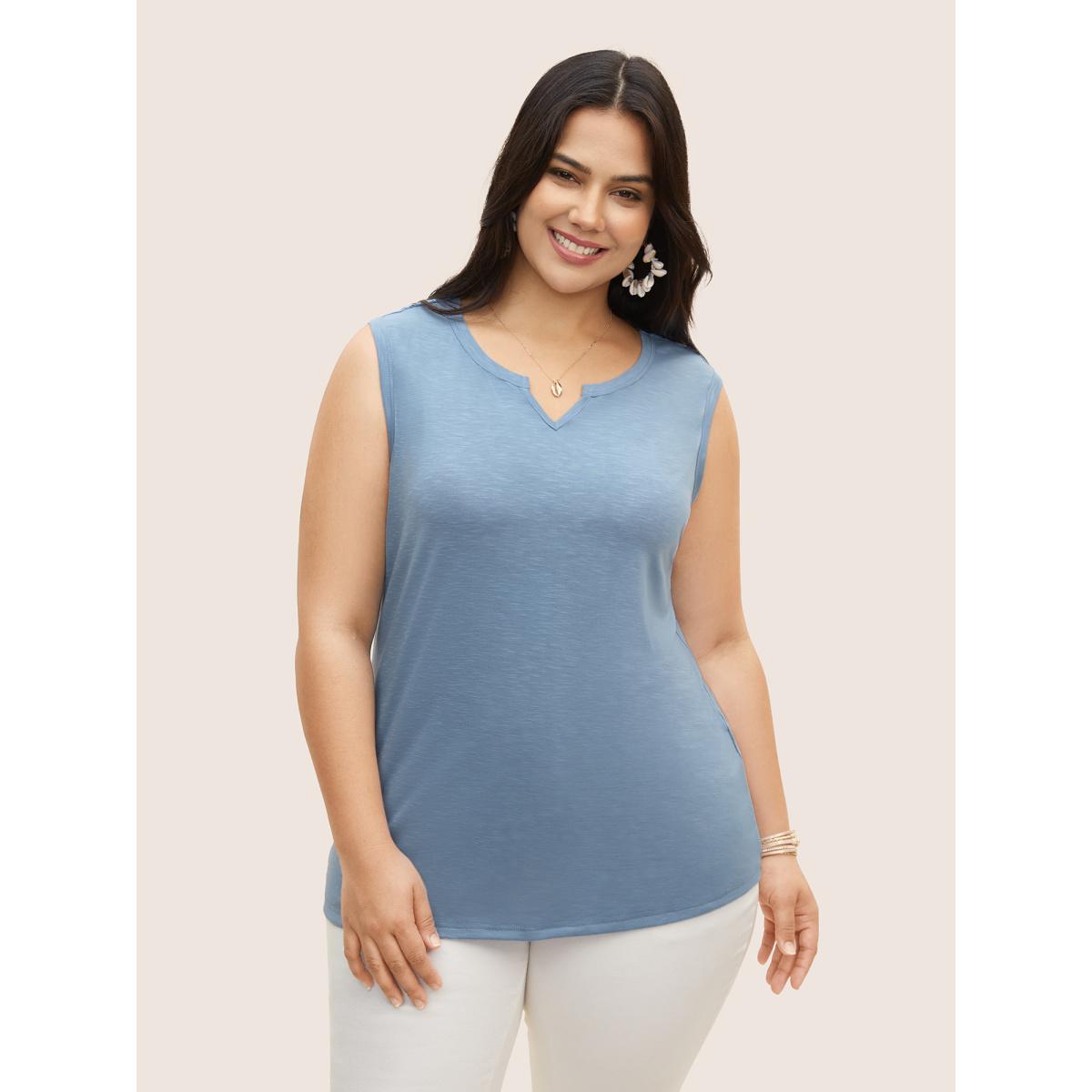 Plus Size Notched Collar Plain Cut Out Tank Top Women Cerulean Resort Patchwork Notched collar Vacation Tank Tops Camis BloomChic 22-24/3X Product Image