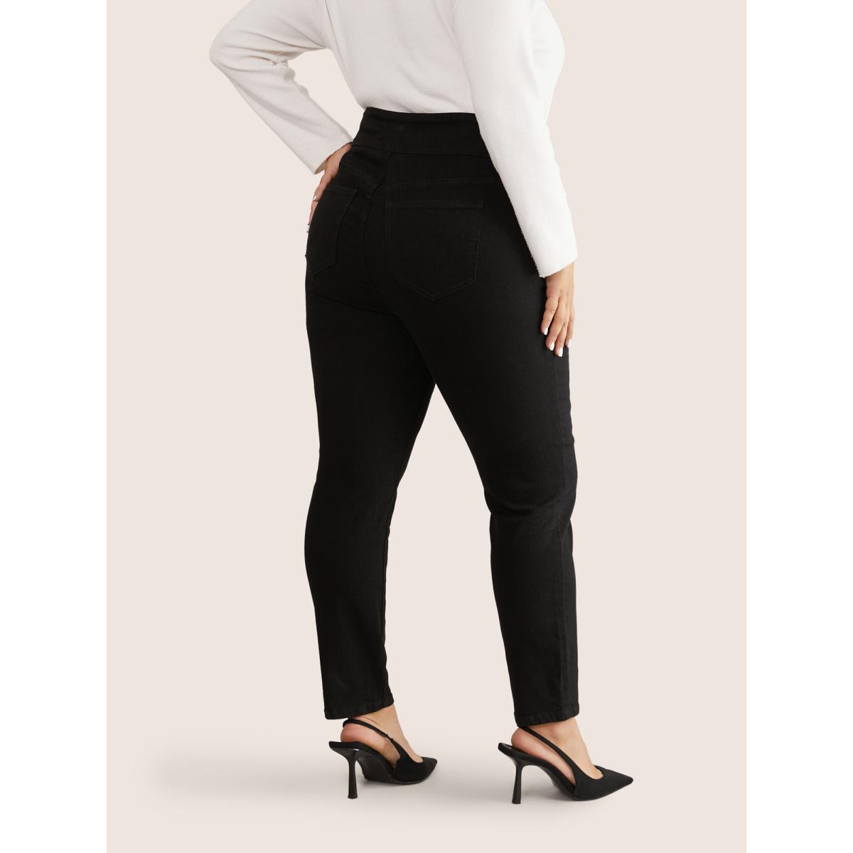 Plus Size Black Wash Button Through Skinny Jeans Women Black Casual Plain Plain High stretch Pocket Jeans BloomChic 16/1X Product Image