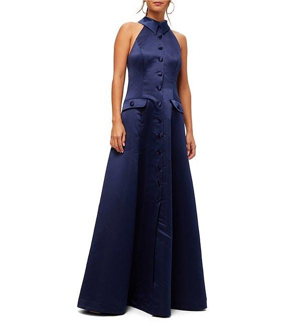 Trina Turk Official Satin Halter Collar Sleeveless Gown Product Image
