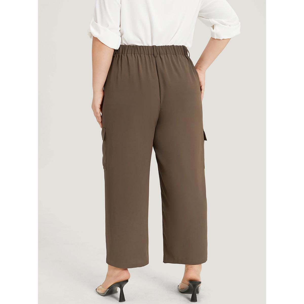 Plus Size Plain Pocket Elastic Waist High Rise Pants Women DarkBrown Office Straight Leg High Rise Office Pants BloomChic 30/6X Product Image