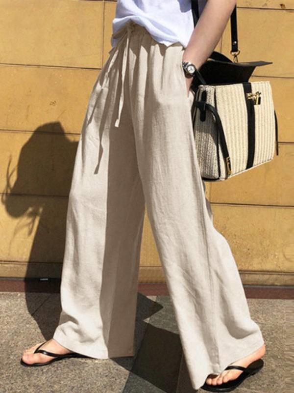 High Waisted Loose Drawstring Pockets Solid Color Pants Trousers Product Image