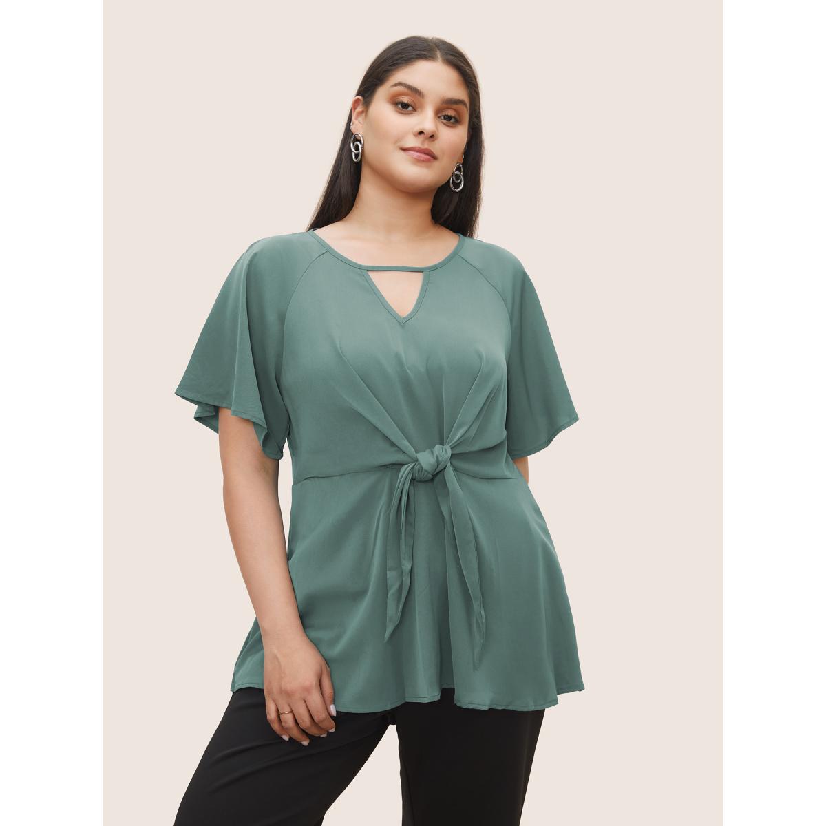 Plus Size Mint Plain Keyhole Knotted Front Ruffle Sleeve Blouse Women Work From Home Short sleeve Round Neck Work Blouses BloomChic 18-20/2X Product Image