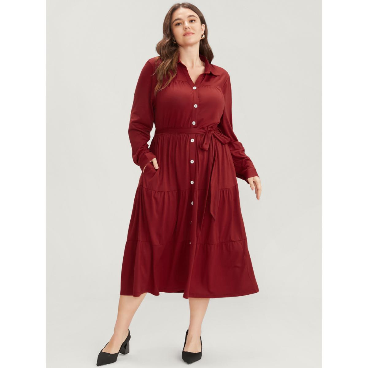 Plus Size Solid Pocket Button Up Belted Flutter Dress Scarlet Women Office Gathered Shirt collar Long Sleeve Curvy Midi Dress BloomChic 30/6X Product Image