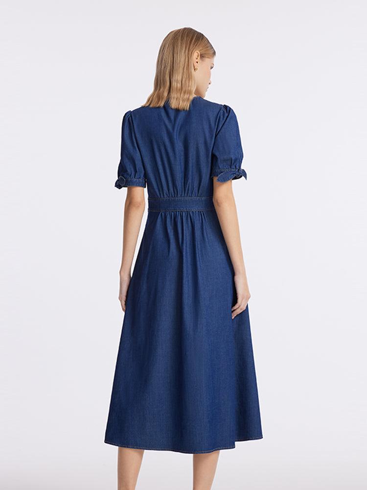 Gathered Waist Denim Women Midi Dress Product Image