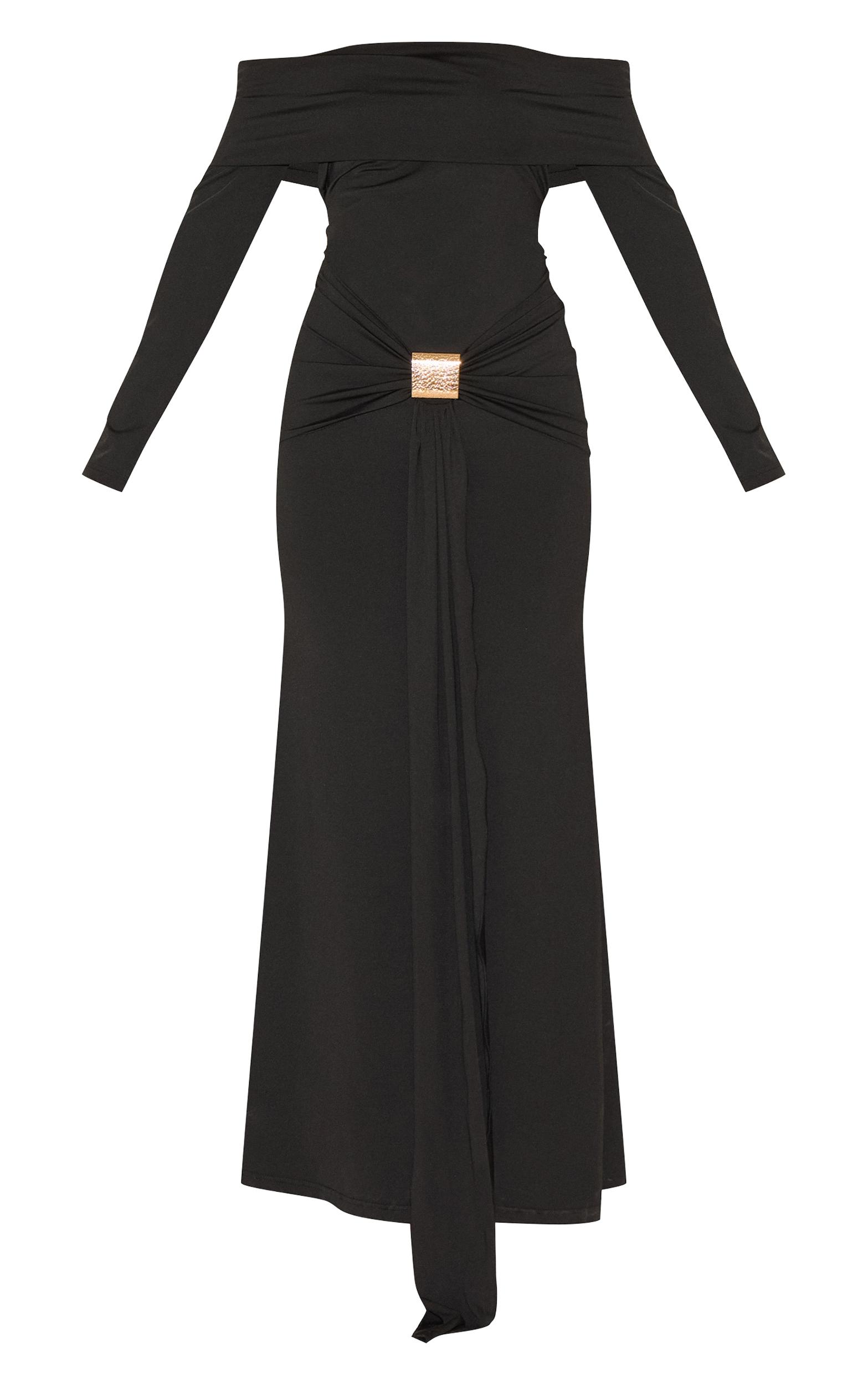 Black Bardot Long Sleeve Trim Drape Detail Maxi Dress Product Image