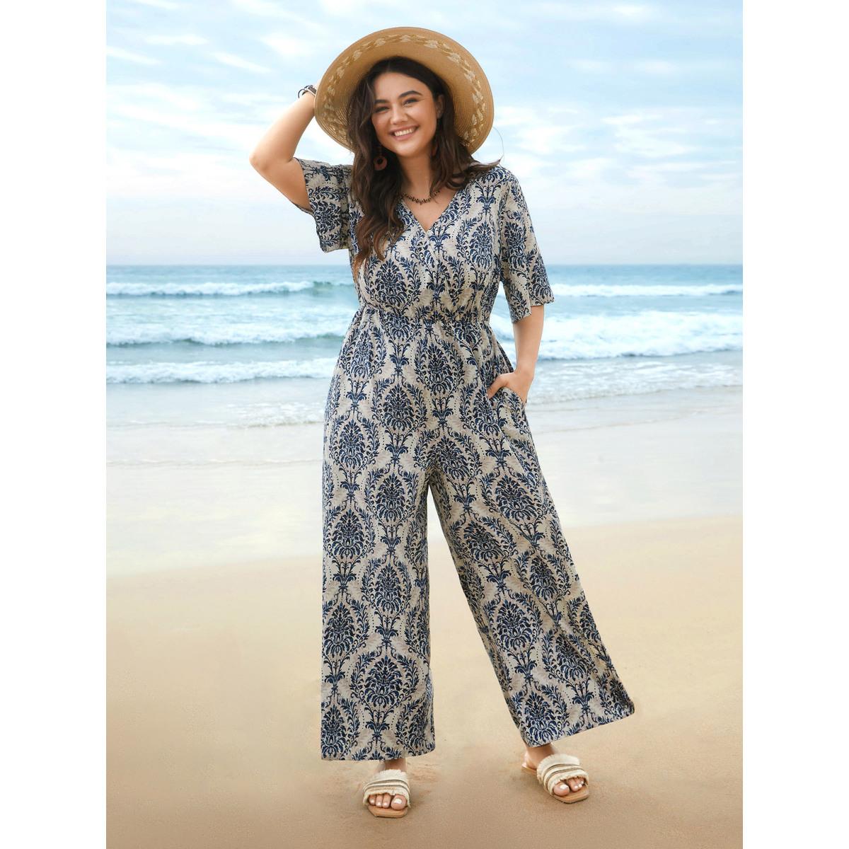 Plus Size Mediumblue Surplice Neck Ornate Print Ties Straight-Leg Jumpsuit Women Boho Half Sleeve Overlap Collar Vacation Loose Jumpsuits BloomChic 10/M Product Image
